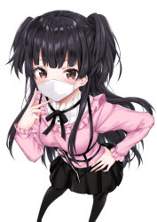 Rule 34 | 1girl, absurdres, black hair, black pantyhose, black ribbon, black skirt, blunt bangs, blush, breasts, brown eyes, coffeedog, hand on own hip, highres, idolmaster, idolmaster shiny colors, long hair, long sleeves, looking at viewer, mask, mayuzumi fuyuko, medium breasts, mouth mask, neck ribbon, pantyhose, pink shirt, ribbon, shirt, simple background, skirt, solo, surgical mask, two side up, v, white background