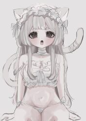 Rule 34 | 1girl, animal ears, bandaged neck, bandaged tail, bandages, bra, breasts, cat ears, cat girl, cat tail, frilled bra, frilled hairband, frills, grey eyes, grey hair, hairband, heart, heart in eye, highres, light blush, lolita hairband, long hair, looking at viewer, medium breasts, navel, open mouth, original, panties, shiona (siona0625), short eyebrows, sidelocks, simple background, sitting, sketch, solo, straight-on, strap slip, symbol in eye, tail, tail raised, underwear, underwear only, white bra, white panties