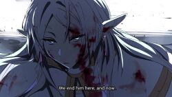 Rule 34 | 1girl, blood, blood in hair, blood on clothes, blood on face, capelet, commentary, english text, frieren, hair down, heartbreak juan, highres, portrait, solo, sousou no frieren, subtitled, white capelet, white hair