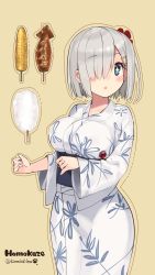 Rule 34 | + +, 10s, 1girl, :o, blue eyes, breasts, character name, corn, cotton candy, covered erect nipples, female focus, flower, hair flower, hair ornament, hair over one eye, hairclip, hamakaze (kancolle), highres, ikayaki, japanese clothes, kantai collection, kimono, kuro chairo no neko, large breasts, obi, open mouth, paw print, sash, short hair, silver hair, solo, twitter username