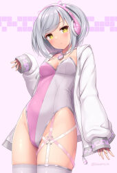 Rule 34 | 1girl, breasts, cowboy shot, dream (sasaame), expressionless, grey hair, headphones, highleg, highleg leotard, highres, jacket, leotard, medium breasts, medium hair, open clothes, open jacket, original, pink background, pink leotard, sasaame, silver trim, sleeves past wrists, solo, strapless, strapless leotard, symbol-shaped pupils, thighhighs, two-tone leotard, two side up, white jacket, white leotard, white thighhighs, yellow eyes