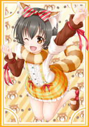 Rule 34 | 10s, 1girl, akagi miria, animal ears, black hair, blush, brown eyes, highres, idolmaster, idolmaster cinderella girls, looking at viewer, one eye closed, open mouth, outstretched arm, raccoon, raccoon ears, raccoon tail, regular mow, short hair, smile, solo, tail, twintails