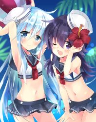 Rule 34 | 2girls, akatsuki (kancolle), anchor, arm up, arms up, bad id, bad pixiv id, ball, bare arms, bare shoulders, beachball, blue eyes, blue hair, blue sailor collar, blue skirt, blue sky, blurry, blurry background, breasts, commentary request, crop top, day, depth of field, flower, hair between eyes, hair flower, hair ornament, hand on leg, hat, head tilt, hibiki (kancolle), highres, hizuki yayoi, holding, holding ball, horizon, kantai collection, long hair, multiple girls, navel, ocean, outdoors, palm tree, pleated skirt, purple eyes, purple hair, red flower, red neckwear, sailor collar, sailor hat, school uniform, serafuku, shirt, skirt, sky, sleeveless, sleeveless shirt, small breasts, transparent, tree, very long hair, water, white hat, white shirt