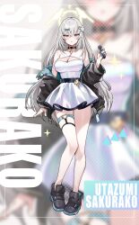 Rule 34 | 1girl, black footwear, black jacket, blue archive, blush, dress, full body, grey hair, hair between eyes, halo, highres, jacket, long hair, long sleeves, looking at viewer, open mouth, picter, purple eyes, sakurako (blue archive), shoes, solo, white dress, yellow halo