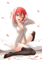 Rule 34 | 1girl, arm behind head, black thighhighs, breasts, cleavage, dress shirt, hair between eyes, healther, highres, looking at viewer, navel, no bra, one eye closed, open mouth, original, panties, partially unbuttoned, petals, red hair, shirt, short hair, sitting, sleepy, solo, tears, thighhighs, underwear, white panties, yawning