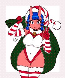 Rule 34 | 1girl, 2019, arm up, blue eyes, blue hair, blush, breasts, cinna (taggo), closed mouth, colored skin, elbow gloves, gloves, hat, highres, horns, large breasts, looking at viewer, multicolored clothes, multicolored gloves, multicolored legwear, oni horns, original, pointy ears, red gloves, red skin, red thighhighs, santa hat, short hair, smile, solo, striped clothes, striped gloves, striped thighhighs, taggo, thighhighs, v, white gloves, white thighhighs