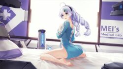 Rule 34 | 1girl, ahoge, artist request, bare legs, barefoot, bed, benghuai xueyuan, black hairband, blue eyes, blush, bottomless, braid, chameleon, commentary, english commentary, english text, from side, full body, hair ornament, hairband, hairclip, hand up, honkai (series), hospital gown, kiana kaslana, long hair, long sleeves, looking at viewer, looking back, looking to the side, official art, on bed, pillow, sitting, soles, solo, third-party source, twin braids, twisted hair, wariza, wavy mouth, white hair