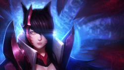 Rule 34 | 1girl, ahri (league of legends), animal ears, backlighting, black hair, blue fire, breasts, cleavage, electricity, energy, facial mark, fire, fox ears, fox tail, hair over one eye, happy birthday, highres, janyhero, league of legends, lens flare, light trail, lips, long hair, looking at viewer, multiple tails, nose, solo, tail, texture, upper body, whisker markings, yellow eyes
