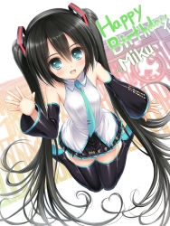 Rule 34 | 1girl, :d, alternate hair color, bare shoulders, black hair, black thighhighs, blue eyes, blush, boots, character name, detached sleeves, hair ornament, happy birthday, hatsune miku, highres, long hair, looking at viewer, necktie, norita, open mouth, skirt, smile, solo, thigh boots, thighhighs, very long hair, vocaloid, waving