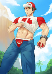 Rule 34 | 1boy, abs, alternate pectoral size, bara, baseball cap, black hair, blue sky, bulge, clothes lift, cloud, commentary, creatures (company), day, denim, english commentary, game freak, hat, holding, holding poke ball, jeans, male focus, male underwear, male underwear peek, muscular, muscular male, nintendo, open clothes, open fly, open mouth, palm tree, pants, pectorals, poke ball, poke ball (basic), pokemon, pokemon sm, red (pokemon), red male underwear, shirt lift, short hair, sky, solo, sweat, sweatdrop, thick thighs, thighs, tree, underwear, unzipped, yellow eyes, zink (zink mchn)