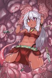 Rule 34 | 1girl, armlet, dark skin, highres, jewelry, knife, midriff, navel, necklace, ocha no mae, open mouth, original, purple eyes, restrained, tentacles, weapon, white hair