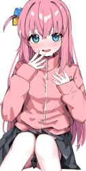 Rule 34 | 1girl, bad id, bad twitter id, blue eyes, bocchi the rock!, cube hair ornament, gotoh hitori, grey skirt, hair between eyes, hair ornament, highres, jacket, long hair, morumoru x, nervous smile, one side up, open mouth, pink hair, pink jacket, pleated skirt, sitting, skirt, sleeves past wrists, smile, solo, track jacket