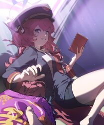 Rule 34 | 1girl, 1other, black headwear, black skirt, blue archive, book, coat, gehenna academy logo, green eyes, halo, hashtag-only commentary, hat, highres, holding, holding book, idguichana, iroha (blue archive), knees up, long hair, long sleeves, looking at viewer, lying, military hat, necktie, on back, open clothes, open coat, peaked cap, reaching, reaching towards viewer, red hair, red necktie, shirt, skirt, smile, snack, teeth, very long hair, wavy hair