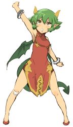 Rule 34 | 1girl, absurdres, breasts, china dress, chinese clothes, draco centauros, dragon girl, dragon horns, dragon tail, dragon wings, dress, enami katsumi, green hair, highres, horns, looking at viewer, madou monogatari, open mouth, pointy ears, puyopuyo, short hair, simple background, solo, tail, white background, wings, yellow eyes