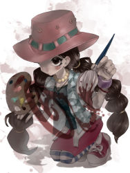Rule 34 | 1girl, art brush, bad id, bad pixiv id, bangle, blush, bracelet, braid, brown eyes, brown hair, canned beef, clothes writing, collarbone, female focus, full body, hat, jewelry, kneeling, long hair, lowres, miss goldenweek, multi-tied hair, necklace, one piece, open clothes, open shirt, paint, paintbrush, palette (object), pantyhose, patterned legwear, pendant, shadow, shirt, shoes, simple background, skirt, solo, squatting, striped clothes, striped pantyhose, tareme, twin braids, twintails, very long hair, white background