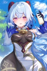 Rule 34 | 1girl, absurdres, baby bottle, black pantyhose, blue hair, blue sky, blush, bottle, breasts, covered erect nipples, daily (daily178900), ganyu (genshin impact), genshin impact, gloves, hair ribbon, heart, heart-shaped pupils, heavy breathing, highres, lactation, lactation through clothes, leotard, leotard under clothes, long sleeves, looking at viewer, medium breasts, milk bottle, neck bell, open mouth, pantyhose, purple eyes, ribbon, sky, symbol-shaped pupils, torn clothes