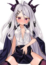 Rule 34 | 1girl, black coat, black skirt, black thighhighs, blue archive, blush, breasts, closed mouth, coat, coat on shoulders, fur collar, hair between eyes, hair ornament, hand on own stomach, highres, hina (blue archive), horns, long hair, multiple horns, purple eyes, shirt, silver hair, simple background, skirt, small breasts, solo, spread legs, thighhighs, very long hair, white background, white shirt, wokamiya