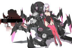 Rule 34 | 1girl, black footwear, black gloves, black leotard, blush, breastless clothes, breasts, cleavage, collarbone, covered navel, eyelashes, eyepatch, full body, garter straps, gloves, groin, height, highres, leotard, lips, long hair, looking at viewer, machinery, mecha, medium breasts, non-humanoid robot, original, parted lips, pink thighhighs, robot, shadow, shoes, silver hair, sitting, smile, solo, stats, thigh gap, thighhighs, walker (robot), white background, yykuaixian