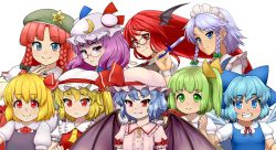 Rule 34 | 6+girls, apron, ascot, bat wings, beret, black dress, black vest, blonde hair, blue bow, blue dress, blue eyes, blue hair, blue ribbon, blue vest, bow, braid, breasts, cirno, collared shirt, crescent, crescent hat ornament, d.koutya, daiyousei, demon tail, demon wings, dress, fairy wings, flandre scarlet, flat chest, frilled shirt, frilled shirt collar, frilled sleeves, frills, glasses, green eyes, green hair, hair bow, hair ribbon, hat, hat ornament, hat ribbon, head wings, holding, holding knife, hong meiling, ice, ice wings, izayoi sakuya, knife, koakuma, long hair, medium hair, mob cap, multiple girls, neck ribbon, necktie, one side up, patchouli knowledge, pinafore dress, pink dress, ponytail, puffy short sleeves, puffy sleeves, purple eyes, purple hair, red bow, red eyes, red hair, red necktie, red ribbon, red skirt, red vest, remilia scarlet, ribbon, rumia, shirt, short hair, short sleeves, side braid, silver hair, simple background, skirt, sleeveless dress, small breasts, tail, touhou, twin braids, very long hair, vest, white background, white shirt, wings, wrist cuffs, yellow bow