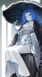 Rule 34 | 1girl, absurdres, alternate breast size, berserker r, blue eyes, blue hair, blue skin, blush, cloak, closed mouth, colored skin, cracked skin, dress, elden ring, extra arms, extra faces, fur cloak, hat, highres, jewelry, joints, long hair, looking at viewer, one eye closed, own hands together, ranni the witch, solo, witch, witch hat