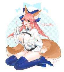 Rule 34 | 10s, 1girl, :3, animal ears, bango0823, blue thighhighs, breasts, cleavage, cosplay, fang, fate/extra, fate/grand order, fate (series), feet, fox ears, fox tail, fujimaru ritsuka (female), fujimaru ritsuka (female) (cosplay), hair ribbon, highres, large breasts, looking at viewer, multiple tails, open mouth, panties, pink hair, ribbon, ribbon trim, saber bride (cosplay), solo, striped clothes, striped panties, tail, tamamo (fate), tamamo no mae (fate/extra), thighhighs, underwear, yellow eyes
