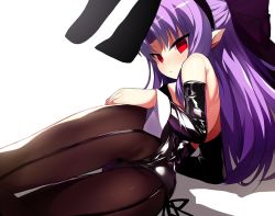 Rule 34 | 1girl, animal ears, ass, bad id, bad twitter id, bare back, bare shoulders, black hair, black leotard, bow, detached sleeves, empty eyes, expressionless, fake animal ears, from behind, hair bow, hand on own hip, highres, latex, len (tsukihime), leotard, long hair, looking back, lying, on side, pantyhose, playboy bunny, pointy ears, purple hair, rabbit ears, red eyes, ribbon, shimejinameko, solo, strapless, strapless leotard, tsukihime, wrist cuffs