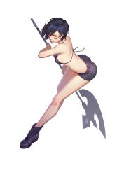Rule 34 | 1girl, ankle boots, armpits, axe, bare arms, bare legs, bare shoulders, battle axe, bikini, bikini top only, black bikini, black footwear, black hair, black ribbon, black shorts, boots, breasts, closed mouth, from above, full body, highres, holding, holding weapon, lips, long legs, looking at viewer, looking up, original, polearm, red eyes, rekaerb maerd, ribbon, short hair, short shorts, shorts, sideboob, simple background, smirk, solo, swimsuit, weapon, white background