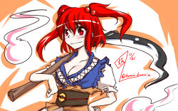 Rule 34 | 1girl, breasts, carrying over shoulder, cleavage, dated, ghost, hair bobbles, hair ornament, hand on own hip, homura (silver blaze), looking at viewer, onozuka komachi, red eyes, red hair, scythe, smile, solo, touhou, twitter username, two side up