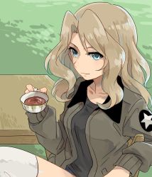 Rule 34 | 10s, 1girl, bad id, bad twitter id, black shirt, blonde hair, blue eyes, bomber jacket, breasts, brown jacket, chair, crossed legs, cup, emblem, female focus, girls und panzer, grass, hair intakes, highres, holding, jacket, kay (girls und panzer), long hair, long sleeves, looking at viewer, military, military uniform, musshu (omu001), open clothes, open jacket, outdoors, plant, shirt, sitting, solo, table, tea, teacup, thighhighs, uniform, upper body, white thighhighs, wooden chair, wooden table