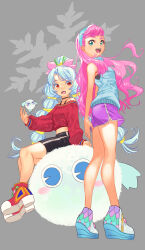 Rule 34 | 2girls, black choker, blue eyes, blue hair, blue hairband, blue shorts, blue sweater, choker, dolphin shorts, from side, grey background, gym shorts, hair ribbon, hair tie, hairband, highres, howan (precure), jj (ssspulse), laura la mer, long hair, long sleeves, looking at viewer, low twintails, multi-tied hair, multiple girls, no socks, off-shoulder shirt, off shoulder, open mouth, pink ribbon, precure, purple shorts, red eyes, red footwear, red shirt, ribbon, sharon (precure), shirt, shirt straps, shoes, short ponytail, short shorts, shorts, sitting, sleeveless, sleeveless sweater, smile, snowflakes, standing, sweater, tropical-rouge! precure, turtleneck, turtleneck sweater, twintails, white footwear, wind