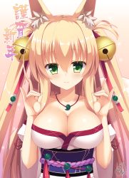 Rule 34 | 1girl, animal ears, arm garter, bare shoulders, bell, blonde hair, blush, breasts, cleavage, collarbone, double fox shadow puppet, fox ears, fox girl, fox shadow puppet, green eyes, hair bell, hair ornament, hair ribbon, highres, japanese clothes, jewelry, jingle bell, large breasts, long hair, looking at viewer, magatama, medium breasts, necklace, obi, original, red ribbon, ribbon, sash, smile, solo, translation request, two side up, upper body, wide sleeves, yuzu modoki