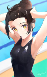 1girl absurdres armpits arms_up bare_arms bare_shoulders black_one-piece_swimsuit blush breasts brown_hair closed_mouth competition_swimsuit forehead hair_bun hair_tie highres looking_at_viewer mouth_hold one-piece_swimsuit original pool short_hair signature single_hair_bun small_breasts solo swimsuit twitter_username tying_hair vegetablenabe wet wet_clothes wet_swimsuit yellow_eyes