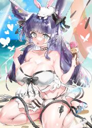 Rule 34 | 1girl, :p, absurdres, alternate breast size, animal, animal ear fluff, animal ears, animal on head, arknights, beach, bikini, bikini skirt, blunt bangs, breasts, bug, butterfly, cleavage, covered erect nipples, day, earrings, extra ears, food, grey eyes, highres, holding, holding food, hookshot, ice cream, ice cream cone, insect, jewelry, large breasts, navel, official alternate costume, on head, outdoors, rabbit, rabbit ears, rabbit on head, rope (arknights), rope (summer flowers) (arknights), sandals, sitting, solo, strapless, strapless bikini, swimsuit, tekona0, tongue, tongue out, white bikini, yokozuwari