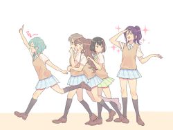 Rule 34 | 5girls, arm up, bad id, bad twitter id, bang dream!, black socks, blue skirt, brown footwear, clenched hand, commentary request, crying, full body, glasses, green skirt, hand on own forehead, hand to own mouth, haneoka school uniform, hikawa hina, imai lisa, kneehighs, korean commentary, korean text, loafers, miniskirt, mitake ran, multiple girls, one eye closed, open mouth, outstretched hand, pleated skirt, res2shuu, running, school uniform, seta kaoru, shirt, shoes, simple background, skirt, socks, sparkle, standing, sweater vest, tears, translation request, walking, white background, white shirt, yamato maya