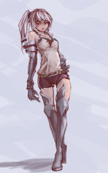 Rule 34 | 1girl, absurdres, armor, bare shoulders, boots, crossed legs, dress, fang, gauntlets, hand on own hip, highres, hip focus, crossed legs, long dress, red eyes, riftgarret, scrunchie, short shorts, shorts, side ponytail, solo, standing, tank top, thigh boots, thighhighs, watson cross