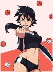 Rule 34 | 1girl, bad id, bad tumblr id, ball, black eyes, black hair, clenched hand, cowboy shot, determined, grin, highres, long hair, midriff, optionaltypo, original, ponytail, short shorts, shorts, smile, solo, sportswear, volleyball (object), volleyball uniform