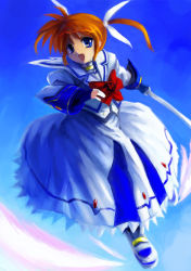 Rule 34 | 00s, 1girl, bow, fingerless gloves, gloves, lyrical nanoha, magical girl, mahou shoujo lyrical nanoha, mahou shoujo lyrical nanoha a&#039;s, oisin, purple eyes, raising heart, red bow, red hair, shoes, solo, takamachi nanoha, takamachi nanoha (sacred mode), twintails, winged footwear, wings