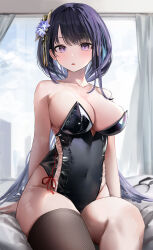 Rule 34 | 1girl, alternate costume, arm at side, arm behind back, bare arms, bare shoulders, black leotard, breasts, cleavage, contemporary, covered navel, curtains, feet out of frame, flower, genshin impact, hair flower, hair ornament, hairband, highleg, highleg leotard, highres, indoors, large breasts, leotard, long hair, looking at viewer, mole, mole under eye, parted lips, purple eyes, purple flower, purple hair, raiden shogun, sideboob, sidelocks, single thighhigh, sitting, solo, strapless, strapless leotard, thighhighs, thighs, unworn hairband, very long hair, window, yonchan