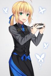 Rule 34 | 1girl, ahoge, alternate costume, alternate hairstyle, artoria pendragon (all), artoria pendragon (fate), bartender, blonde hair, blue ribbon, bottle, breasts, commentary request, fate/stay night, fate (series), hair ribbon, highres, holding, holding bottle, james moriarty (archer) (fate), james moriarty (gray collar) (fate), long sleeves, looking at viewer, necktie, open mouth, ponytail, ribbon, saber (fate), shino skk, shirt, small breasts, solo, waistcoat