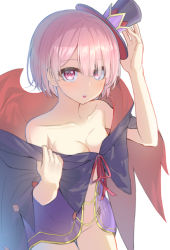 Rule 34 | 1girl, alternate costume, black hat, breasts, cleavage, collarbone, fate/grand order, fate (series), hakuishi aoi, hat, looking at viewer, mash kyrielight, medium breasts, neck ribbon, nude, open mouth, pink eyes, pink hair, red ribbon, ribbon, short hair, simple background, solo, standing, white background