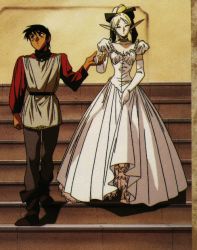 Rule 34 | 1990s (style), 1boy, 1girl, boots, clothes lift, deedlit, dress, dress lift, earrings, elbow gloves, elf, closed eyes, formal, frills, gloves, gown, holding hands, hetero, jewelry, necklace, non-web source, parn (lodoss), pointy ears, record of lodoss war, retro artstyle, stairs, yuuki nobuteru