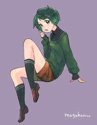 Rule 34 | 1girl, :o, absurdres, artist name, black socks, full body, green eyes, green hair, green sweater, highres, kantai collection, loafers, long sleeves, looking at viewer, mogami (kancolle), mogamiya honu, purple background, shoes, short hair, shorts, simple background, socks, solo, sweater