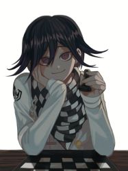 Rule 34 | 1boy, black hair, black scarf, board game, bong (0u0bon), checkered clothes, checkered scarf, chess, chess piece, chessboard, commentary request, danganronpa (series), danganronpa v3: killing harmony, hair between eyes, head rest, holding, jacket, long sleeves, looking at viewer, male focus, oma kokichi, pawn (chess), purple eyes, scarf, short hair, simple background, smile, solo, straitjacket, upper body, white background, white scarf