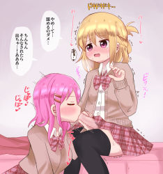 Rule 34 | 1boy, 1girl, artist request, blonde hair, blush, censored, closed eyes, clothed sex, clothes lift, crossdressing, fellatio, highres, long hair, male focus, miniskirt, no panties, open mouth, oral, original, penis, pink hair, pink skirt, plaid, plaid skirt, pleated skirt, purple eyes, sitting, skirt, skirt lift, sweat, thighhighs, translated, trap, trap on female