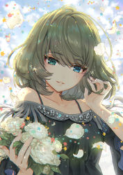 Rule 34 | 1girl, bare shoulders, black dress, blue eyes, blue sky, blush, cloud, cloudy sky, collarbone, commentary request, day, dress, fingernails, flower, green eyes, green hair, hair between eyes, hand up, heterochromia, holding, holding flower, idolmaster, idolmaster cinderella girls, kawaku, looking at viewer, mole, mole under eye, off-shoulder dress, off shoulder, outdoors, parted lips, petals, rose, signature, sky, solo, takagaki kaede, upper body, white flower, white rose, wide sleeves