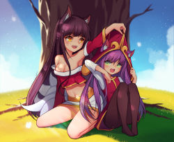 Rule 34 | 2girls, ahri (league of legends), animal ears, bad id, bad pixiv id, black legwear, blush, brown hair, cat ears, dduck kong, fangs, fox ears, fox tail, green eyes, highres, korean clothes, league of legends, long hair, looking at another, lulu (league of legends), multiple girls, navel, open mouth, pantyhose, purple hair, sitting, smile, tail, teeth, thighhighs, tree, tree shade, yellow eyes