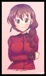 Rule 34 | 10s, 1girl, absurdres, artist name, black border, border, bow, braid, brown eyes, brown hair, closed mouth, commentary request, cropped torso, crossed arms, epaulettes, girls und panzer, hair bow, hair ornament, hair over shoulder, hair tie, hairclip, highres, jacket, long hair, long sleeves, looking at viewer, military, military uniform, red jacket, rukuriri (girls und panzer), shibugaki, signature, single braid, smile, solo, st. gloriana&#039;s military uniform, standing, uniform, upper body