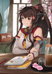 Rule 34 | 1girl, absurdres, blush, book, bottle, breasts, brown eyes, brown hair, chair, cherry blossoms, commission, cup, curtains, day, desk, detached sleeves, flower, hair flower, hair ornament, headgear, highres, indoors, kanmiya shinobu, kantai collection, large breasts, long hair, notebook, pencil, pink flower, ponytail, radio, sidelocks, sitting, skeb commission, smile, solo, tassel, tray, tree, upper body, very long hair, window, yamato (kancolle)