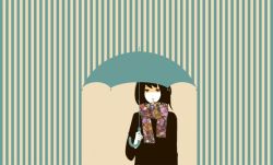 Rule 34 | 1girl, black hair, odori (super normal), original, rain, scarf, short hair, solo, super normal, umbrella