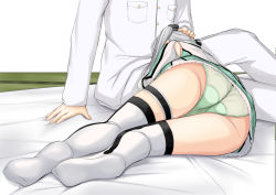 Rule 34 | 1boy, 1girl, admiral (kancolle), ahoge, akitsushima (kancolle), arm support, ass, bad feet, bridal garter, commentary request, green panties, hair ornament, hand on another&#039;s head, hat, head out of frame, implied fellatio, indoors, jacket, kantai collection, long hair, military, military uniform, mini hat, miniskirt, on floor, panties, pleated skirt, revision, ribbon, side ponytail, sitting, skirt, solo focus, takamaru (akisora drawing), thighhighs, thighs, underwear, uniform, white thighhighs